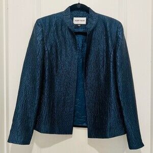 Albert Nipon Women's Metallic Blue Collarless Open Front Textured Blazer Size 8